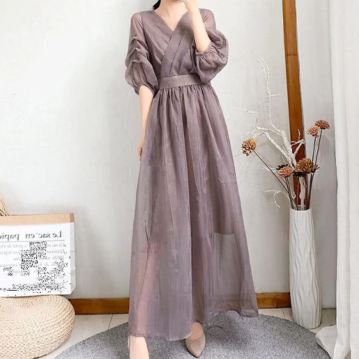 「ギャザー」プルオーバー Aライン 着痩せ効果 Vネック エレガント マキシワンピース