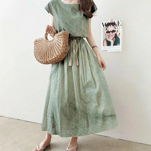 「フレンチスリーブ」ボウタイ ハイウエスト Aライン 無地 ミモレ丈ワンピース