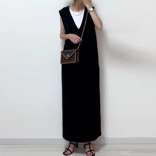 「ノースリーブ」Vネック ロング ストレートスカート 無地 シンプル マキシワンピース