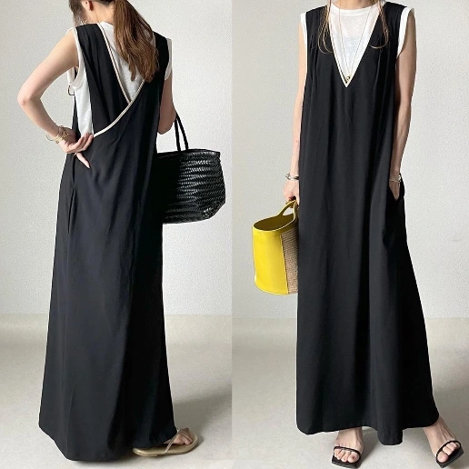 「バックデザイン 」ノースリーブ スリット パイピング ロング マキシワンピース