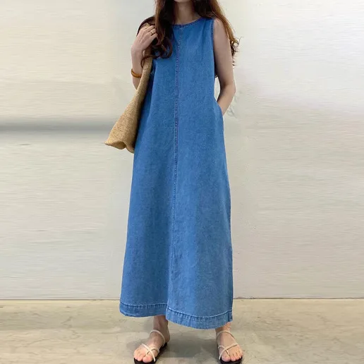 「Ｕバック」 ラウンドネック ノースリーブ デニム ロング マキシワンピース