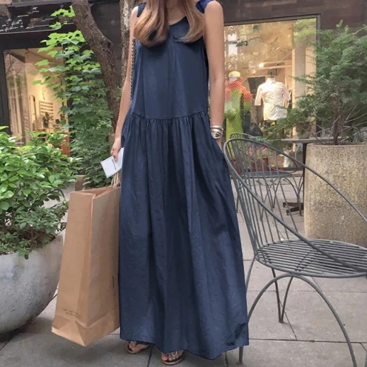 「綿麻素材」 大きめのサイズ感 通気性良い 大人可愛いAライン ノースリーブ ギャザー マキシワンピース