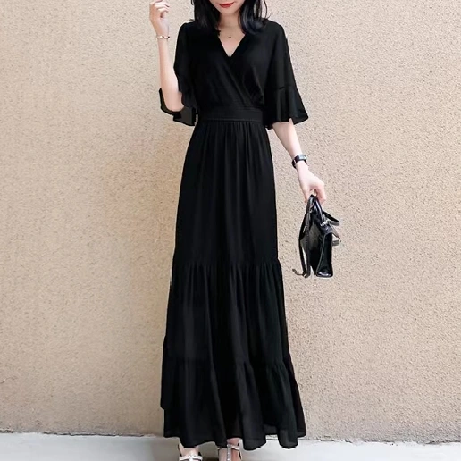 「Vネック」 フリル袖 五分袖 Aライン シフォン マキシワンピース