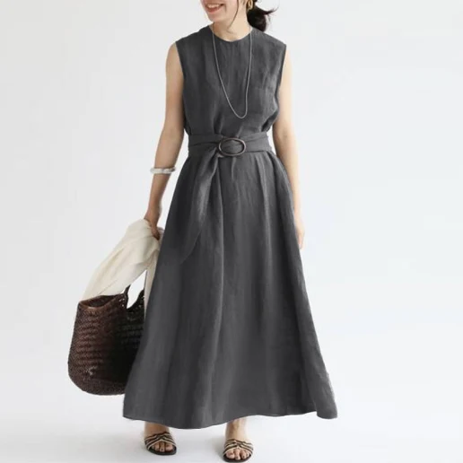 「ベルト付き」 ノースリーブ ラウンドネック Aライン ロング ミモレ丈・マキシワンピース
