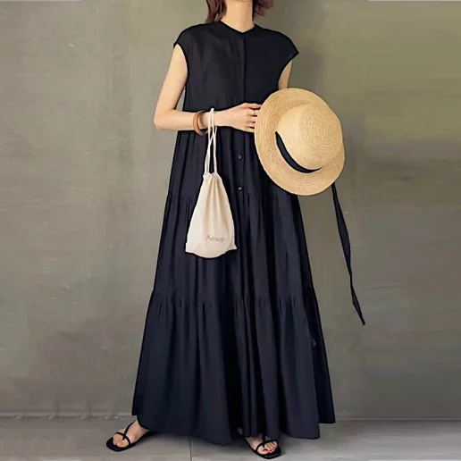 「シングルブレスト」 クローズドバック 大人可愛いAライン ノースリーブ ギャザー マキシワンピース