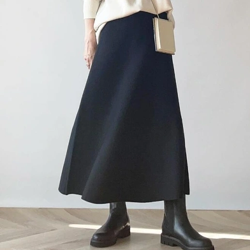 「すね丈」体型をカバー 大人可愛いAライン ハイウエスト シンプル スカート