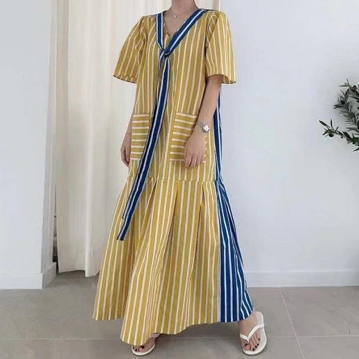 「配色」 ストライプ柄 Vネック ボウタイ ギャザー マキシワンピース