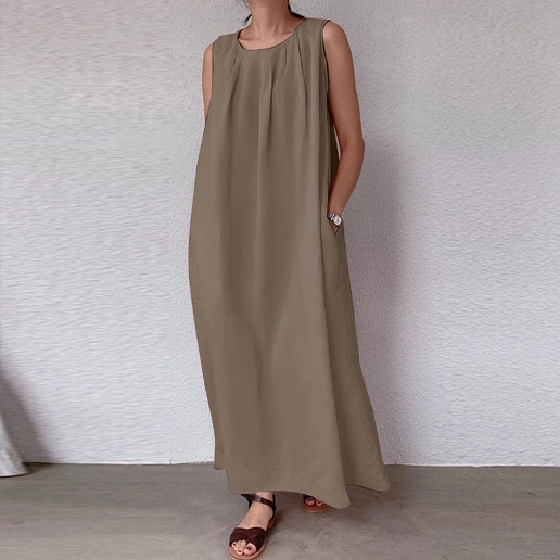「ノースリーブ」ラウンドネック Aライン ロング 無地 体型をカバー マキシワンピース