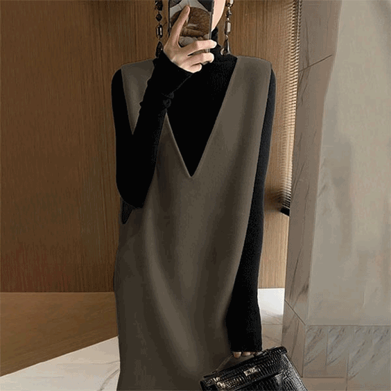 「Vネック」ノースリーブ ロング 無地 秋冬 シンプル ミモレ丈ワンピース