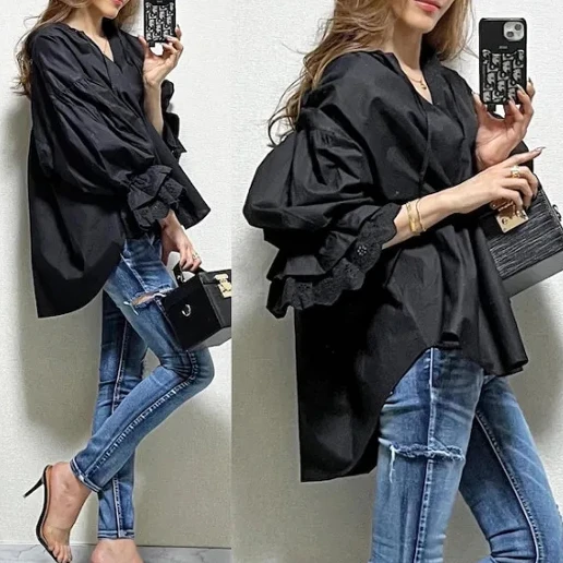 「パフスリーブ」 切り替え レース Vネック ボウタイ シングルブレスト ブラウス