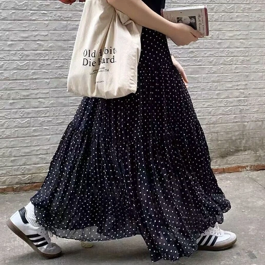 「ギャザー」 ロング ドット柄 Aライン ハイウエスト スカート