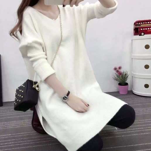 「Vネック」ドルマンスリーブ スリット シンプル 長袖 膝上 秋冬 無地 プルオーバー ニットワンピース