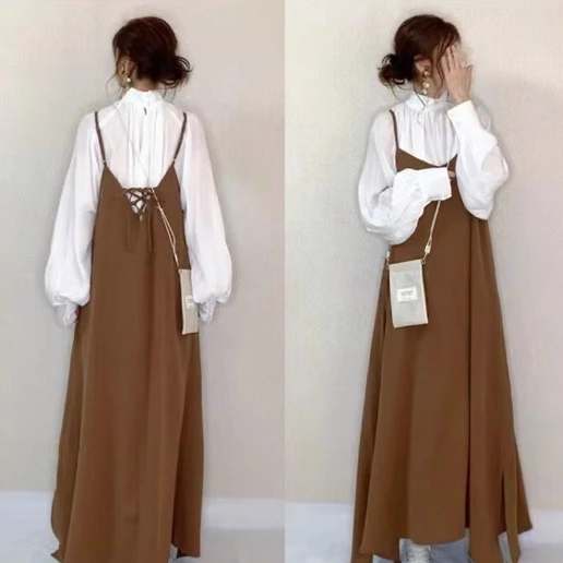 「ハイウエスト」ロング Aライン ビックシルエット ノースリーブ スウィート 脚長効果 プルオーバー 無地 キャミソールワンピース