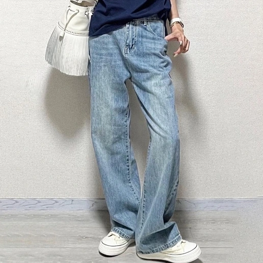 「着痩せ効果」ハイウエスト ロング丈 休日 カジュアル ファッション 体型をカバー シンプル 無地 デニム