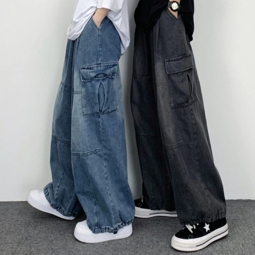 「ハイウエスト」シンプル 春秋 ロング丈 レトロ 休日 ポケット付き ビックシルエット デニム