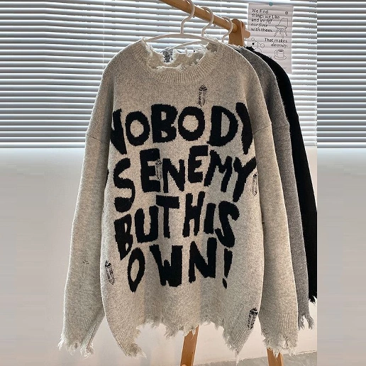 「アルファベット」防寒 カジュアル エイジング加工 春秋 ラウンドネック プルオーバー 男女兼用 長袖 ニットセーター