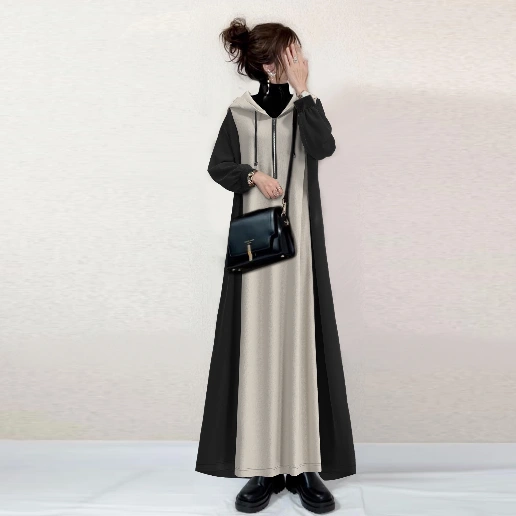 配色 ギャザー フード付き カジュアルワンピース