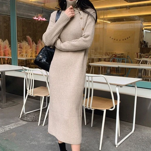 好感度をアップ ファッション 長袖 すね丈 ハイネック 上品見え ストレートスカート ニットワンピース