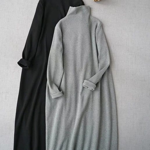 柔らかくて優しい印象 ハーフネック シンプル 長袖 中長 スタイルアップ 無地 プルオーバー ニットワンピース
