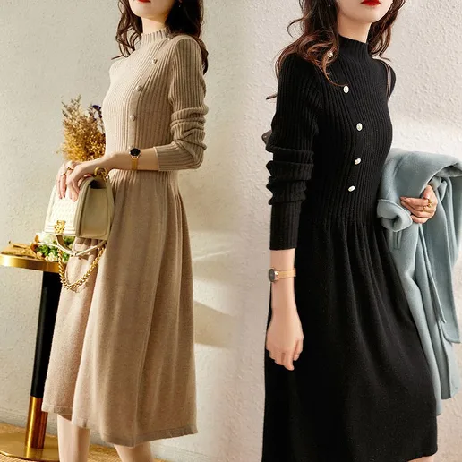 エレガント ロング 真珠 ビーズ パーティー プルオーバー スウィート フェミニン ラウンドネック 欠かせない ニットワンピース