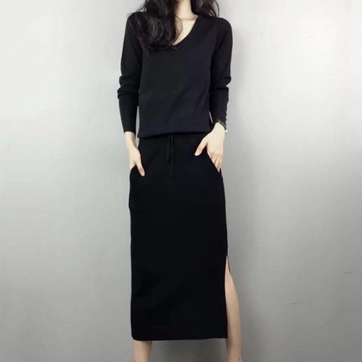 ins超人気 Vネック オールシーズン エレガント スウィート ストレートスカート ニットワンピース