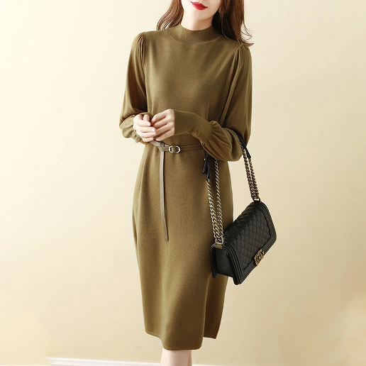 上品な可愛さ ハーフネック 上品見え 膝丈 エレガント 通勤/OL ランタンスリーブ Aライン ニットワンピース