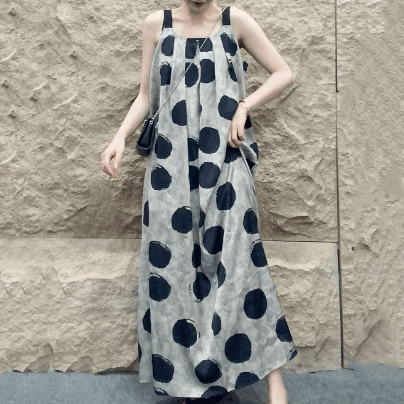ドット柄 プリント ギャザー Aライン ノースリーブ ビックシルエット すね丈 ラウンドネック ファッション キャミワンピース