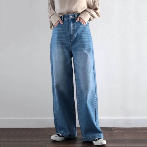 きれいIライン 着痩せ効果 脚長効果 無地 ポケット付き 通勤 体型をカバー ロング丈 デニム