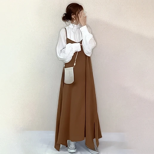 着痩せ効果 スリット ボウタイ ロング ファッション ノースリーブ 無地 キャミワンピース