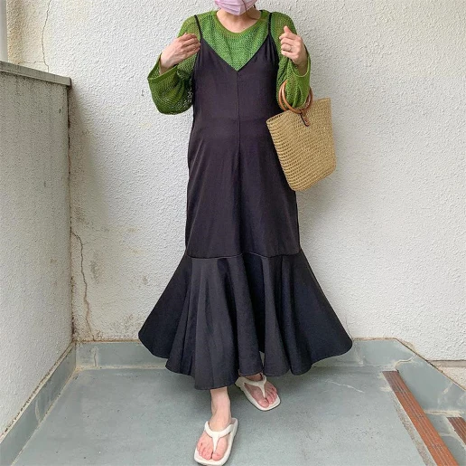 耐久性 清新 ノースリーブ 着痩せ効果 大きめのサイズ感 Vネック マーメイド切替 無地 ハイウエスト ファッション感満々 キャミワンピース