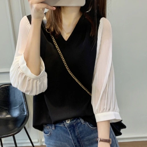 配色 細身シルエット 上品見え シンプル フェミニン コンサバ Vネック 七分袖 シャツ