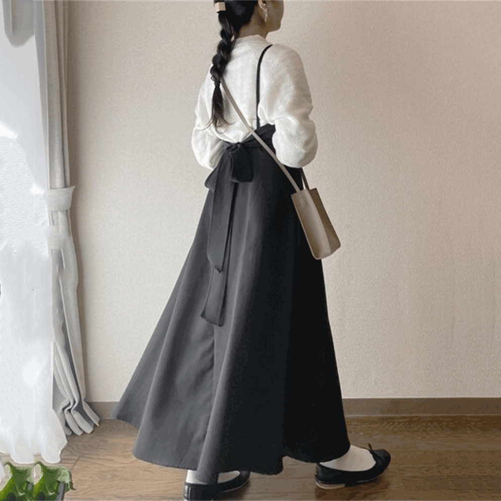 スタイルアップ バックリボン 女子会 ボウタイ ロング Aライン Vネック ノースリーブ キャミワンピース