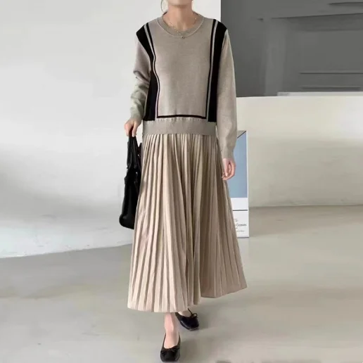 上品さたっぷり ギャザー 切り替え Aライン シンプル レギュラーウエスト 上品さたっぷり 高見えデザイン ニットワンピース