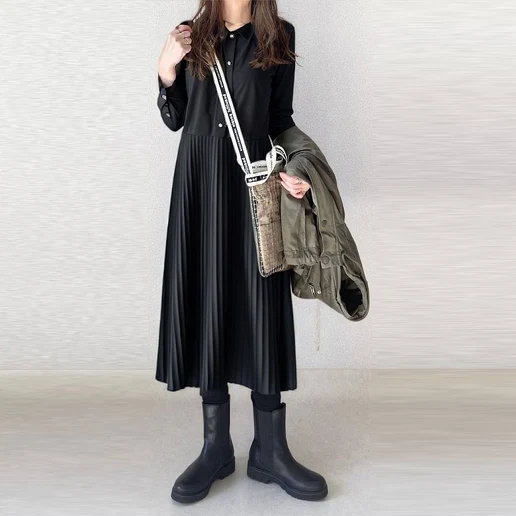 ロング 折り襟 シンプル きれいめ系 コンサバ 切り替え シャツワンピース