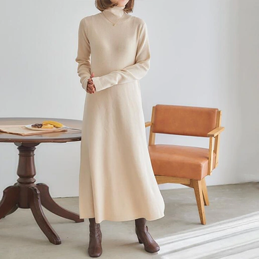 SNSで話題沸騰 ハイウエスト 切り替え ハイネック Aライン ロング ファッション シンプル おしゃれ度高め 高見えデザイン ニットワンピース