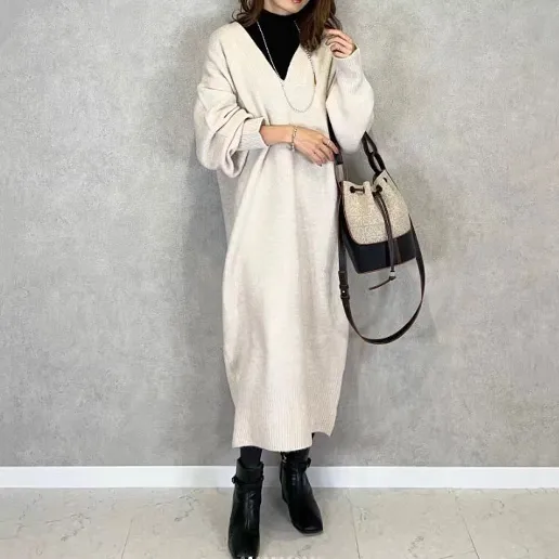 体型をカバー シンプル ロング スリット Vネック ストレート カジュアル 週末 ファッション ニットワンピース