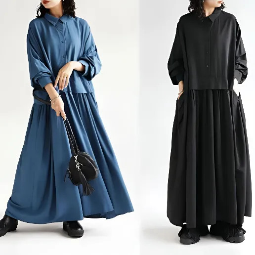 切り替え 長袖 シンプル レイヤード / 重ね着風 森ガール ナチュラル Aライン おしゃれ度高め 高見えデザイン 上品さたっぷり シャツワンピース