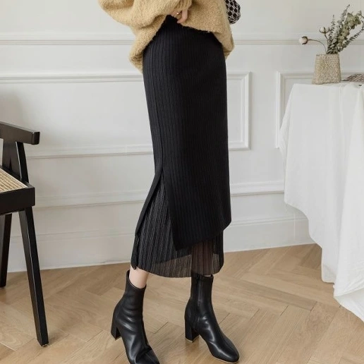 すね丈 ハイウエスト 無地 ニット シンプル 切り替え スリット スリム スカート