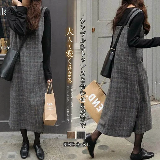 スクエアネック スリム ノースリーブ ハイウエスト チェック柄 切り替え 通勤 ファッション オフィス 防寒 キャミワンピース