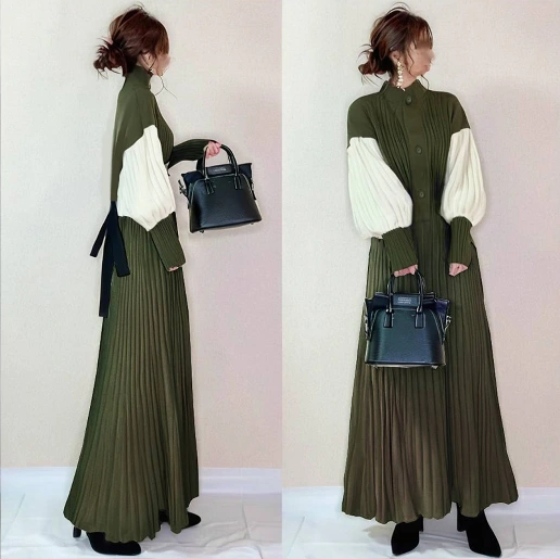 カジュアル ランタンスリーブ 折り襟 Aライン シャツワンピース