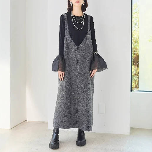 オフィス キャミソール エレガント Aライン ロング ハイウエスト ボタン キャミワンピース