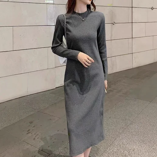 新発売！ ストレート ラウンドネック 無地 ロング 長袖 シンプル ワンピース