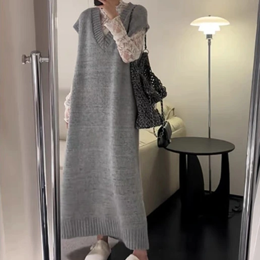 絶対欲しい Vネック プルオーバー 無地 ノースリーブ ストレート シンプル ニットワンピース