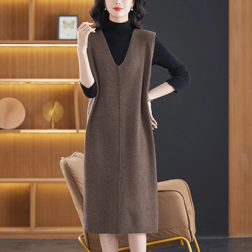 今季トレンド ノースリーブ Aライン Vネック 無地 カジュアル ニットワンピース