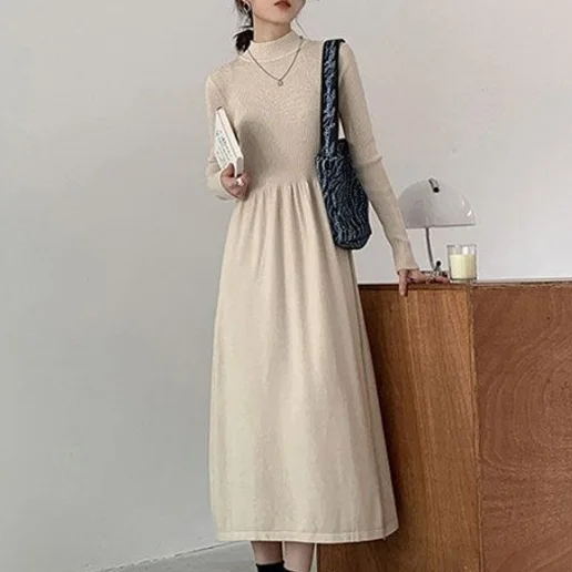 通勤 ビジネス ぴったりしたサイズ感 シンプル Aライン 無地 長袖 ロング ラウンドネック ハイウエスト エレガント ニットワンピース