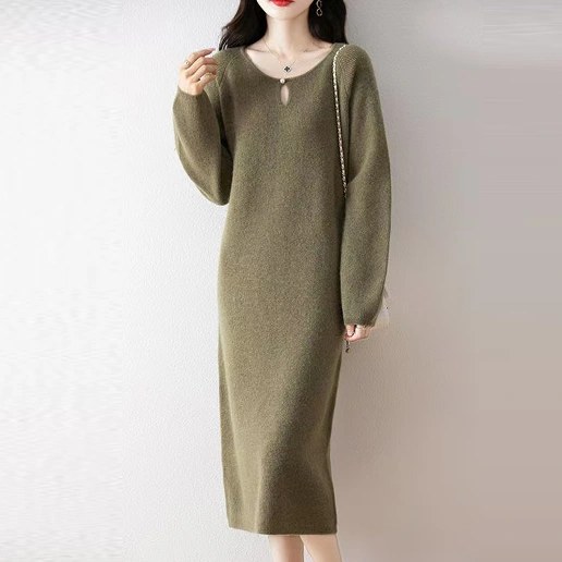 ラウンドネック 長袖 無地 透かし編み ストレート エレガント ワンピース