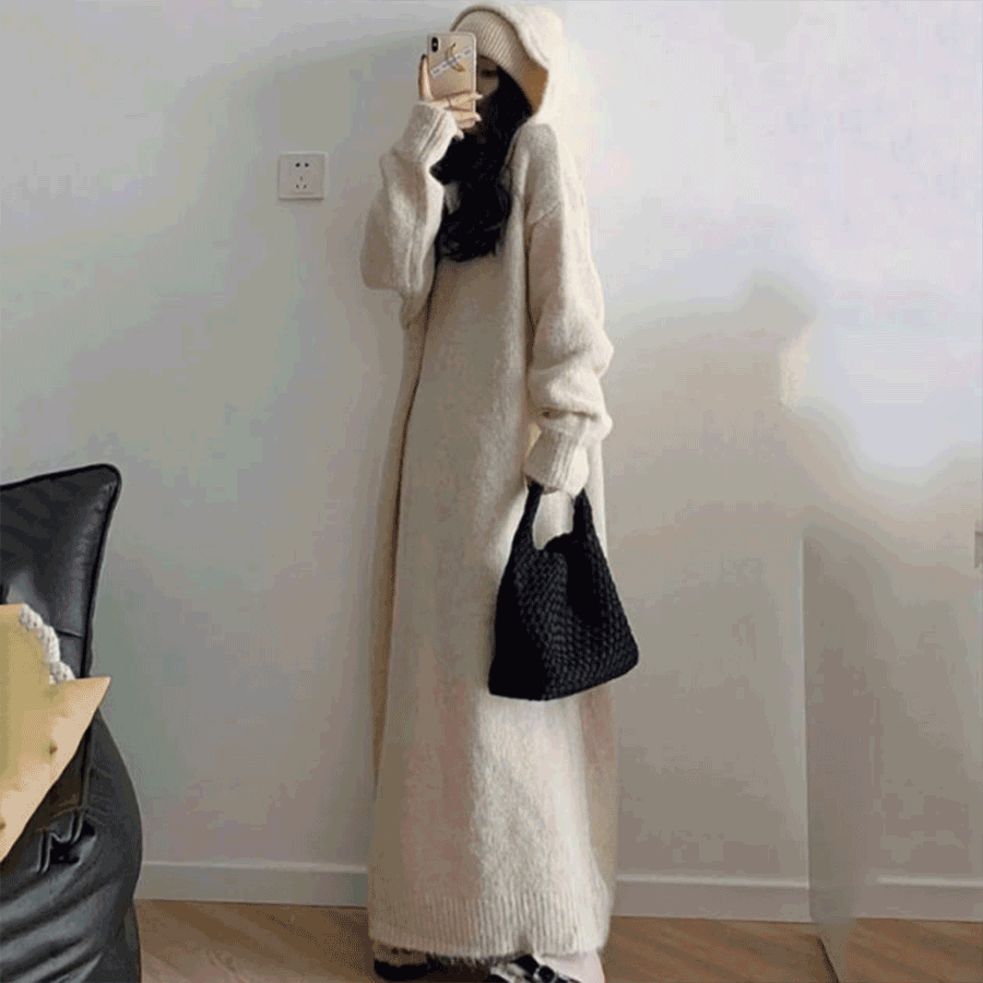 大きめのサイズ感 着痩せ効果 ビックシルエット フード付き キレカジ モード ナチュラル シンプル ニットワンピース