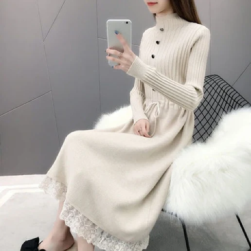 主役級 切り替え 長袖 無地 ボタン レース フェミニン ニットワンピース