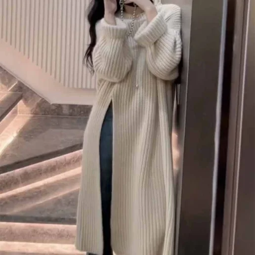 新作発売！ 無地 長袖 ストレート ラウンドネック スリット カジュアル ニットワンピース