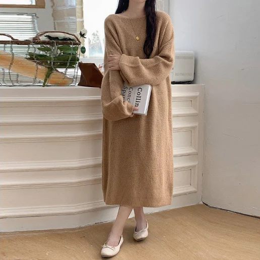 ins超人気 ラウンドネック ストレート 長袖 無地 ドルマンスリーブ シンプル ワンピース